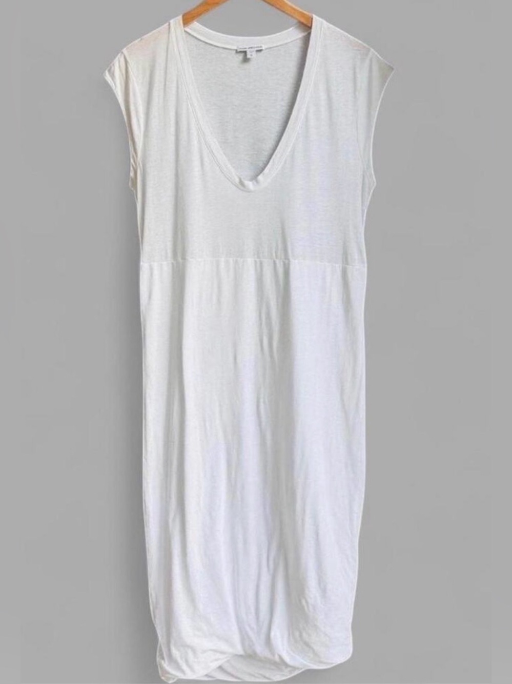 James Perse White Deep V-Neck Midi Stretch Pencil Dress Lined Bubble Hem Sz 0 XS